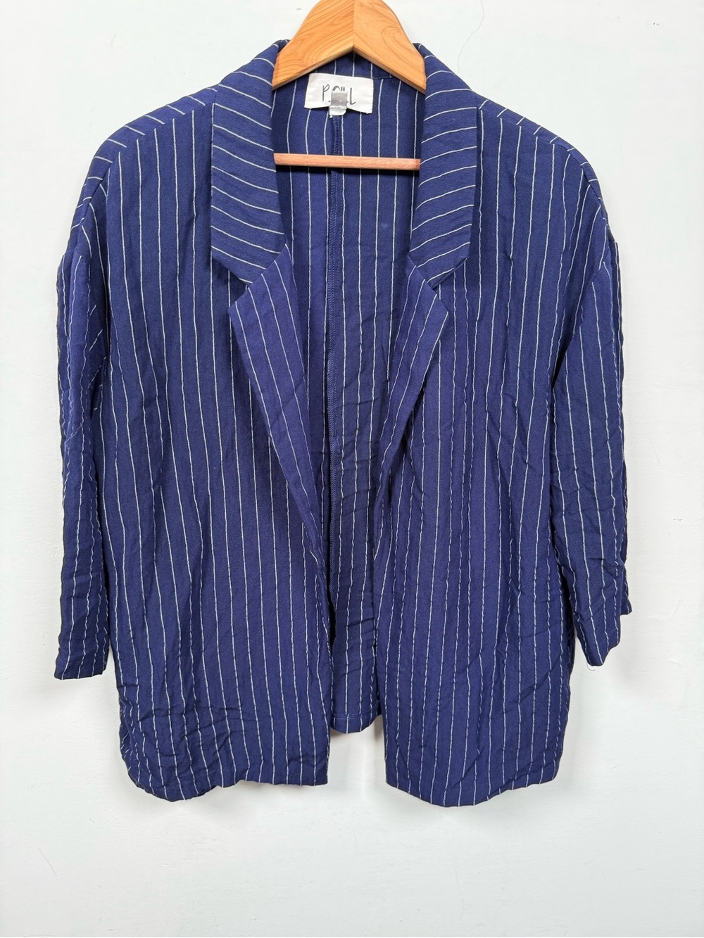 P.CILL Navy Blue Pinstripe Open Front Relaxed Blazer Jacket Size S Lightweight